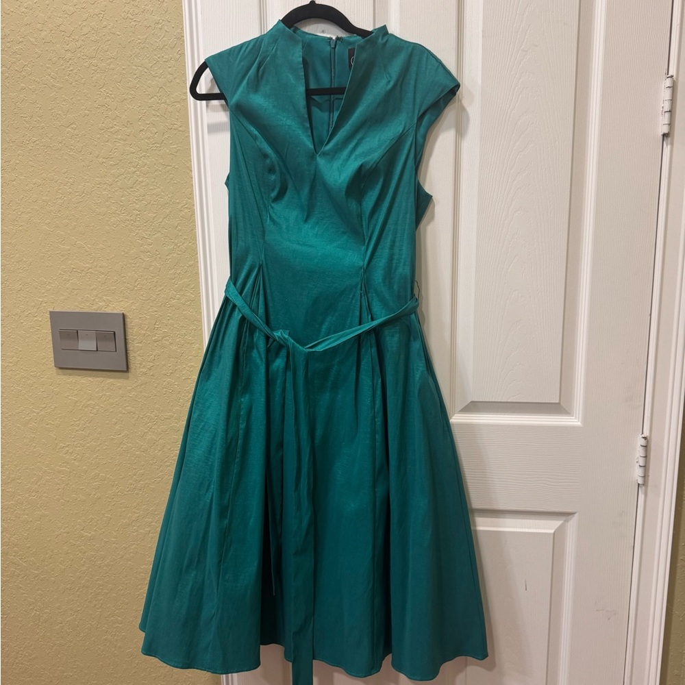 Alex Evenings V-NECK TAFFETA DRESS WITH A-LINE SKIRT AND TIE WAIST DETAIL